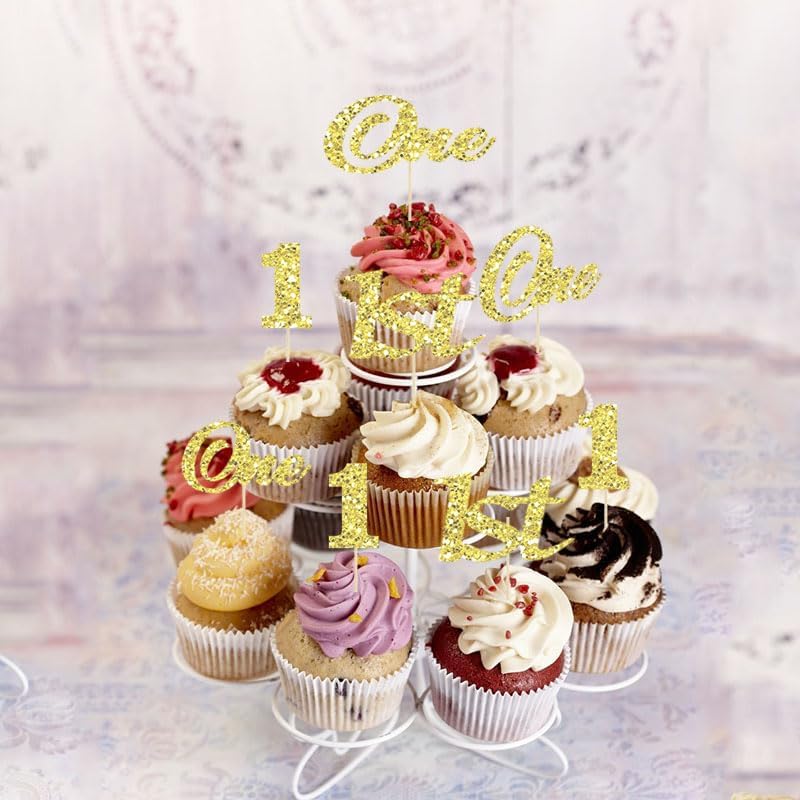 30 Pcs One Cupcake Toppers Gold Glitter First Birthday One Cupcake Picks for Baby Shower 1st Birthday Party Cake Decorations Supplies - Image 4