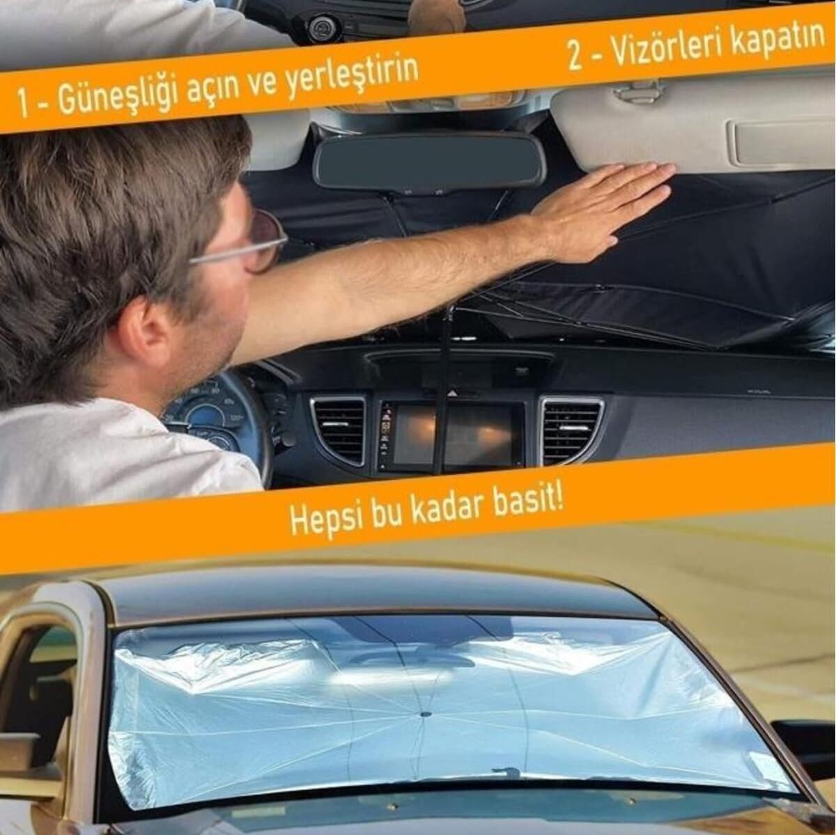 DUFFA Katlanabilir Araç İçi Ön Cam Güneşliği Araba Şemsiye Güneşlik Torpido Koruyucu Güneşlik Oto Güneş Şemsiyesi UV Işın Engelleyici Universal/Tüm Araçlara Uyumlu Deri Kılıflı (140 cm x 78 cm)
