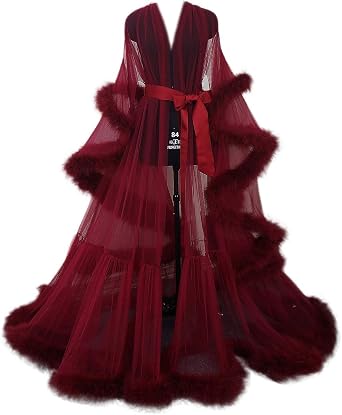 Sexy Feather Bridal Robe Tulle Illusion Long Wedding Scarf New Custom Made ... (burgundy red)