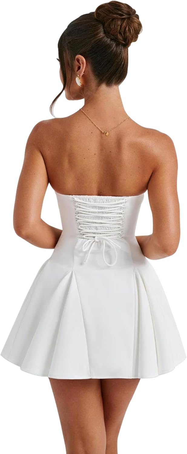 SHESEEWORLD Women's Sexy Summer A-Line Strapless Bow Dress Sleeveless Ruffle Hem High Waist Mini Dress - Image 5