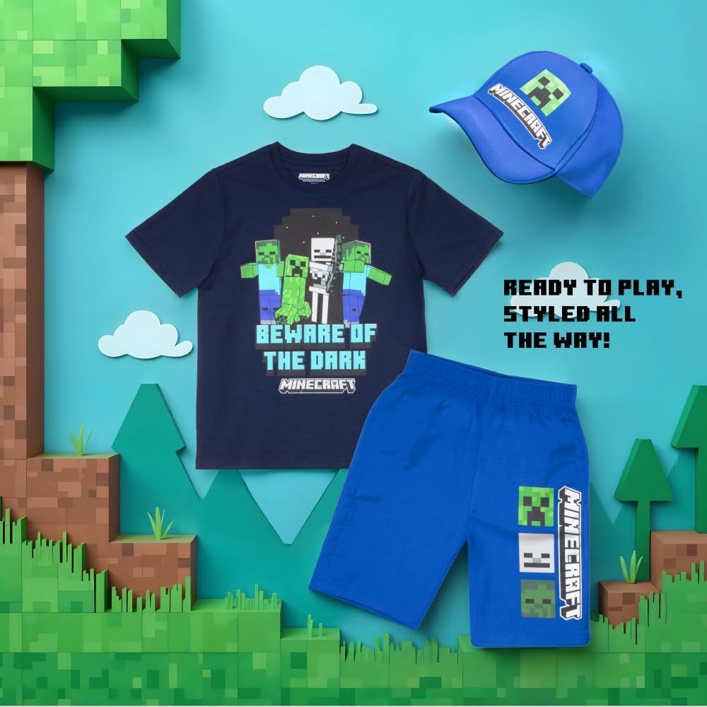 Minecraft Boys 3-Piece Set - Short Sleeve Graphic T-Shirt, Shorts, and Baseball Cap Outfit for Kids - Image 6