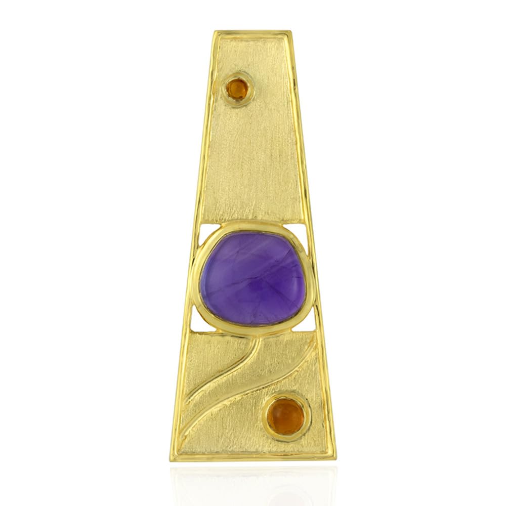 Cavill Amethyst Anhänger aus Sambia, 5,166 ct Fancy Schliff, Mandarin-Citrin 0,387 ct, moderner geometrischer 925 Silber Anhänger mit Vergoldung, trapezförmig, violett-orange