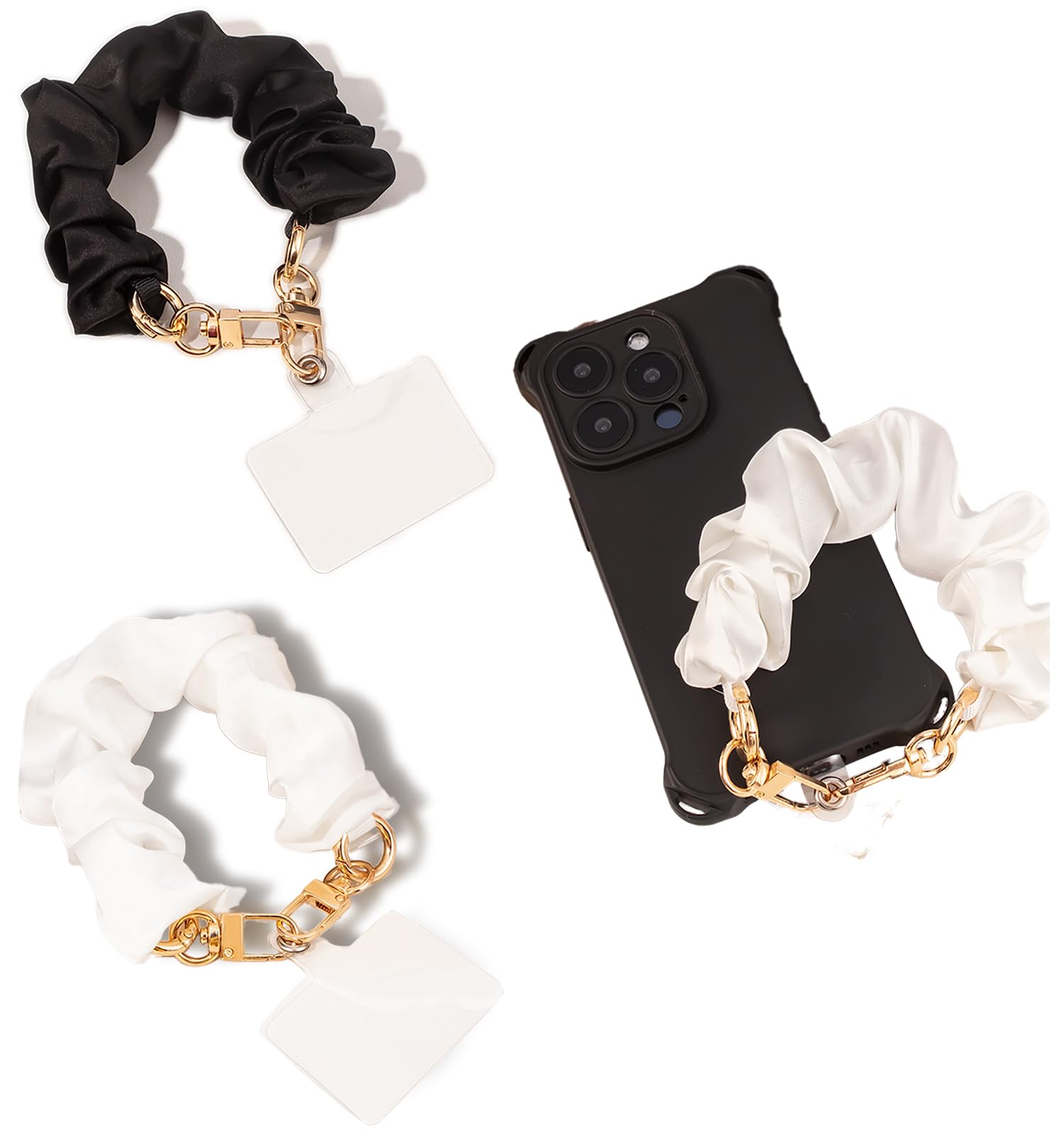 2Pcs Black and white Scrunchie Keychain Wristlet Bracelet, Stretchy Phone Wrist Ring With Clip Elastic Lanyard Hair Band Keyring for Women Gifts