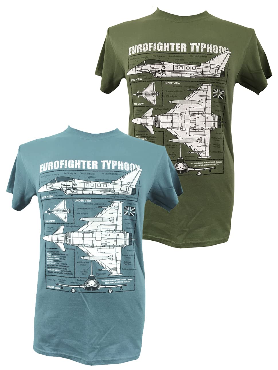 The Wooden Model Company Ltd Eurofighter Typhoon RAF GAF IAF Military Fighter Jet GreenT Shirt with Blueprint Design.