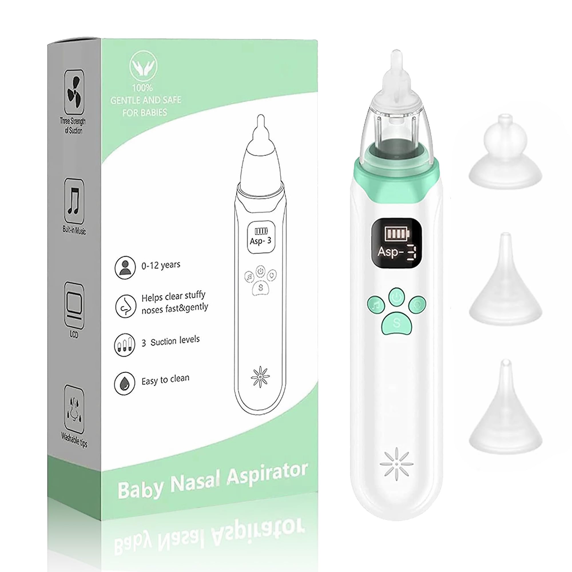 HeaNasal Aspirator Baby Nose Suckers Electric Nose Suction for Baby Electric Nose Picker with 3 Silicone Tips, Mucus Removal for Newborns, Anti-Backflow Baby Nose Cleaner with 3 Suction Level