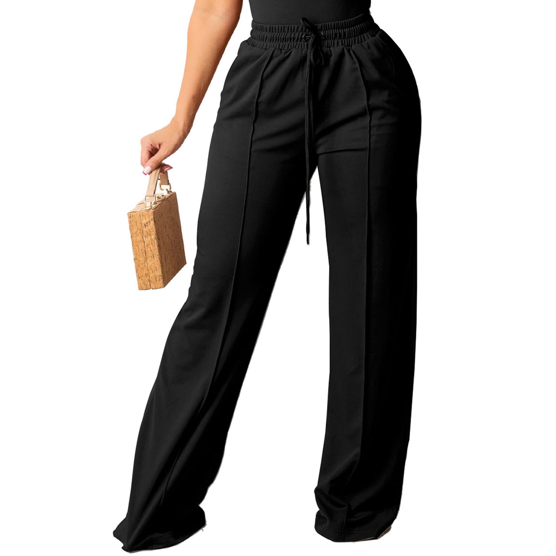 PINSV Women's Casual Wide Leg Pants High Waisted Drawstring Baggy Sweatpants Elastic Straight Leg Lounge Pants