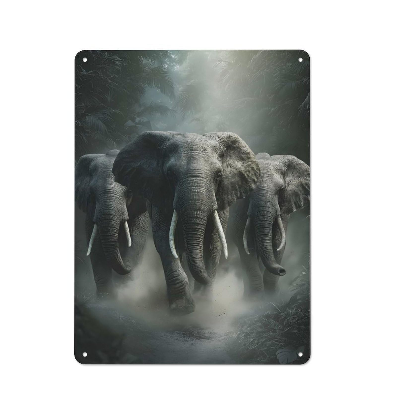 Industrial Tin Wall Sign 40x30cm Featuring Elephants in The Jungle, Urban Room Decor for Workspace, Cafe, Hallway Or Garage