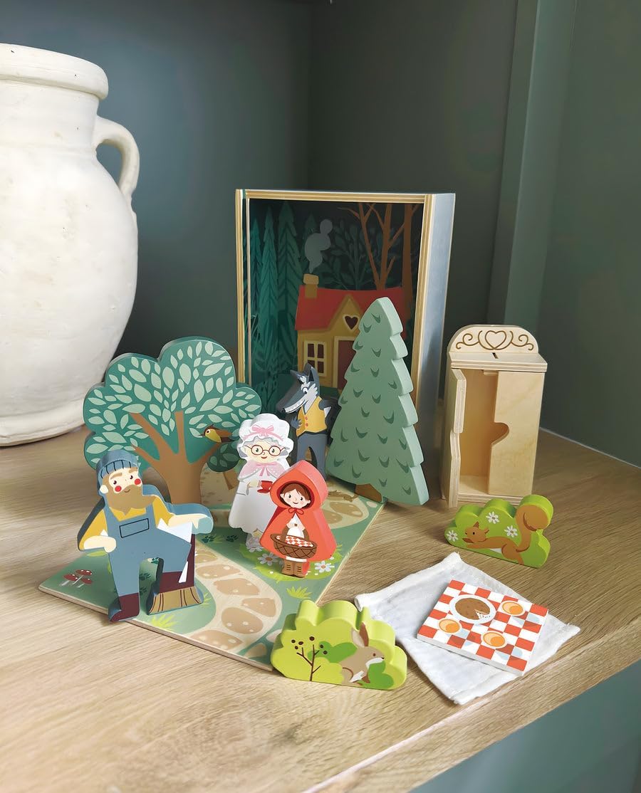 Tender Leaf Toys - Your Story of Little Red Riding Hood - 13pc Wooden Fairytale Play Set with Sliding Lid - Imaginative Storytelling Toy Box - Helps Expand Vocabulary and Creativity - Age 3+