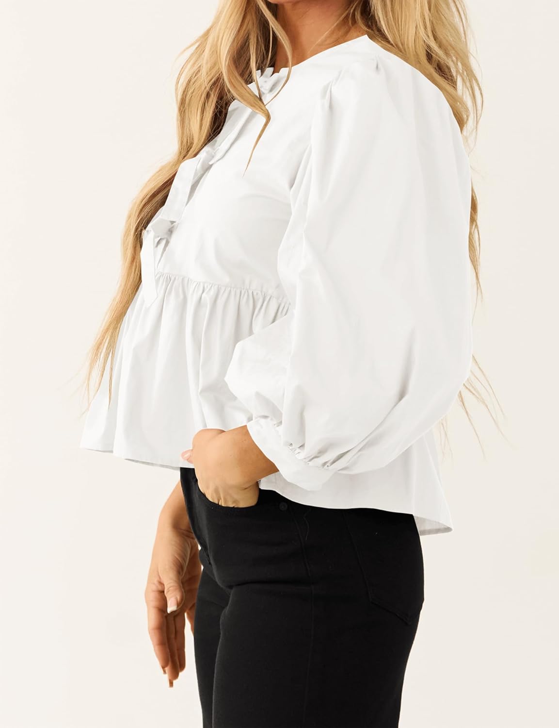 Women's Babydoll Tie Front Tops Puff 3/4 Length Sleeve Cute Casual Summer Peplum Blouses Shirts 2025 - Image 3
