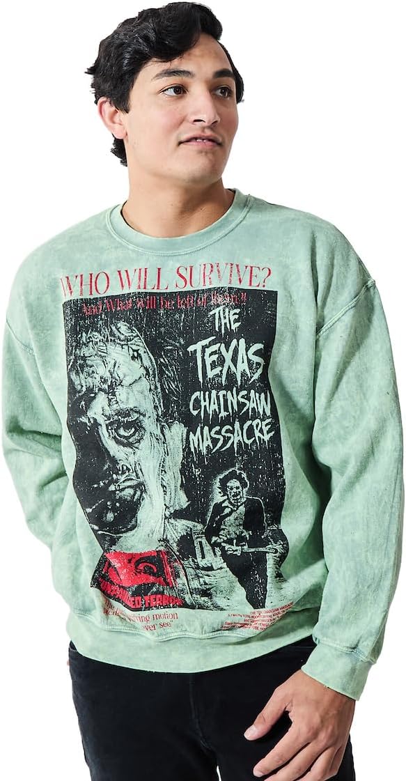 Bioworld Texas Chainsaw Massacre Who Will Survive Oversized Poster AdultUnisex Mineral Washed Crew Neck LongSleeve Sweatshirt