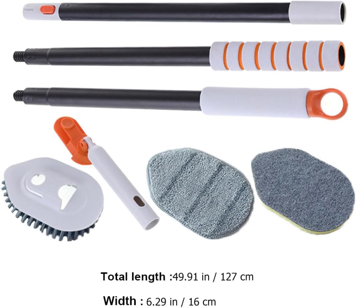 Multi-Function Floor and Grout Cleaning Brush Set with Extendable Handle, Hard Bristle and Scrub Pad Heads for Bathroom and Tile Floor Scrubbing