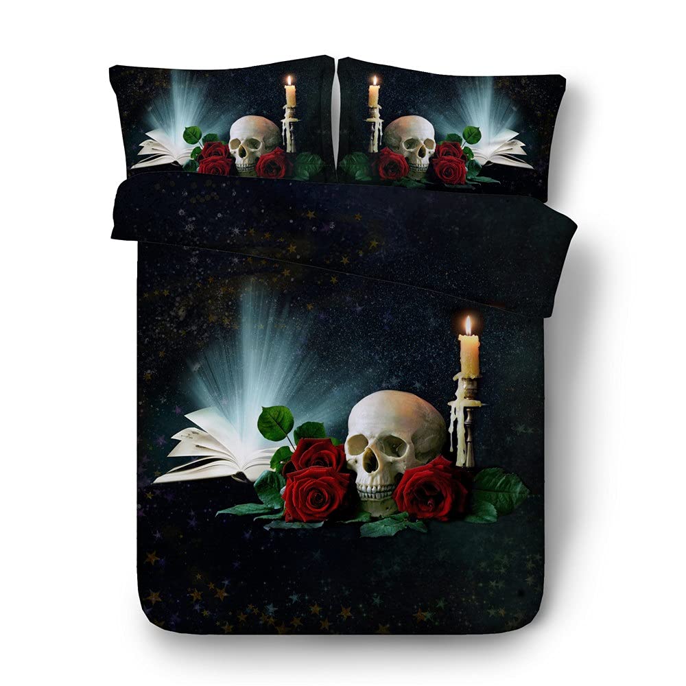 Parure de lit king size 3D avec housse de couette tête de mort rose et papillons