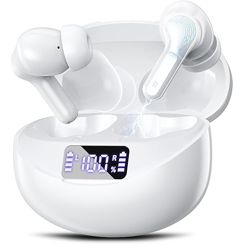Wireless Earbuds, Bluetooth 5.4 Headphones HiFi Stereo 50H Playback LED Digital Display Ear Buds with ENC Noise Canceling Headset, IPX7 Waterproof Earphones for Running/Workout (White)