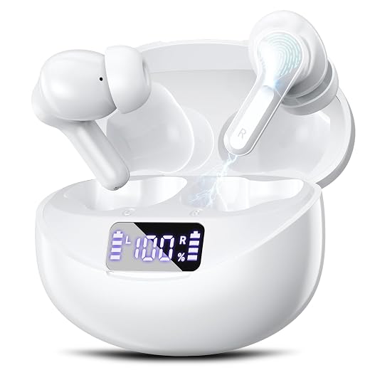 Wireless Earbuds Bluetooth 5.4 Headphones, Noise Cancelling Mic Ear Buds with 50H Playback, LED Digital Display, lPX7 Waterproof Earphones for Office/Running/Workout(White)