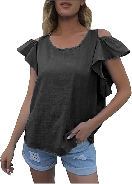 Amazon.com: NREALY Blusa Womens Summer Tops O Neck Ruffle Short Sleeve Tops Casual T Shirts 