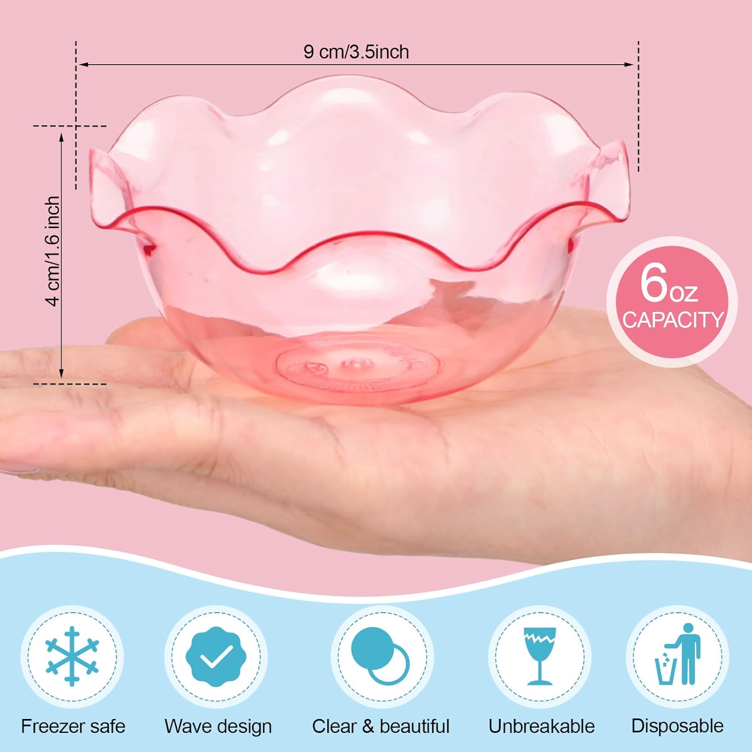 100pcs 6oz Small Plastic Dessert Bowls Ice Cream Bowls Reusable Flower Shaped Party Serving Elegant Buffet Serving Cups for Nuts, Salad, Fruit, Snacks and Yogurt (Pink) - Image 2