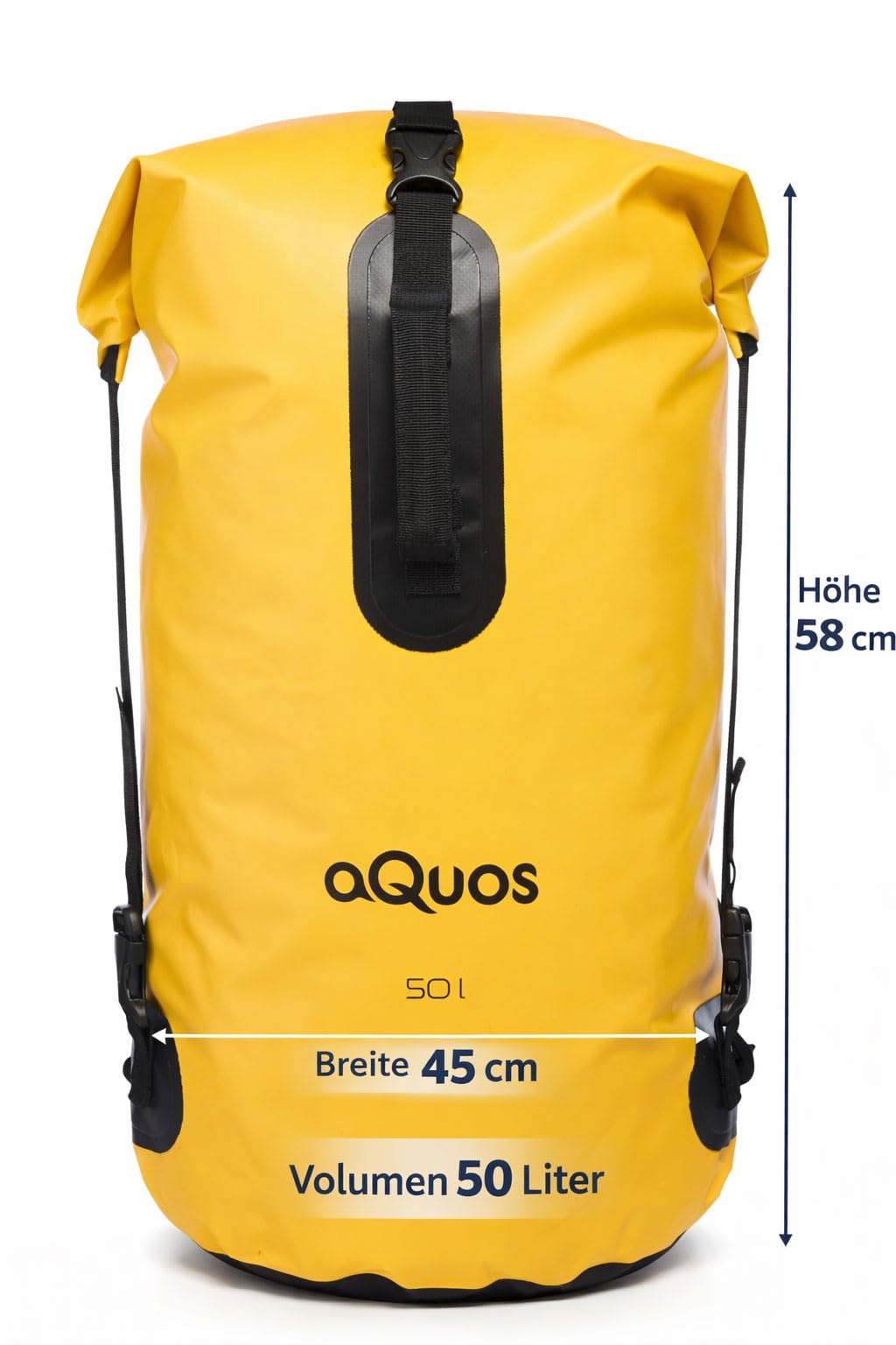 AQUOS Wasserdichter Dry Bag Finback 50L – Robuster Packsack aus LKW Plane in Signalfarbe Gelb – mit Rollverschluss & Tragegurt – Ideal für Kajak, Boot, Camping & Outdoor - Hydrobag