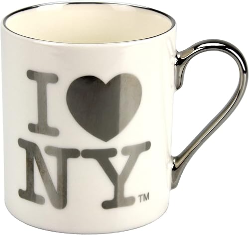 I Love NY Taza de café con licencia oficial I LoveHeart NY, 11 onzas (blanco con letras plateadas), mediana