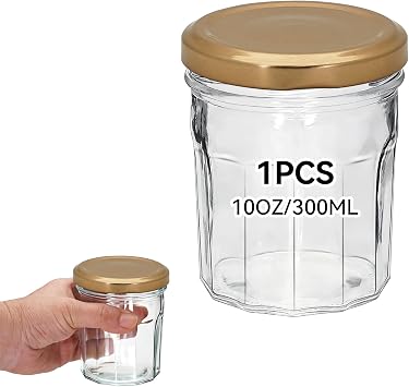 1 Pc 10oz Wide Mouth Polygon Glass Jars with Lids, Octagonal Base Candle & Honey Jars for Candle Making, Jam, Crafts, Wedding & Party Favors, 300ml Rose gold lid