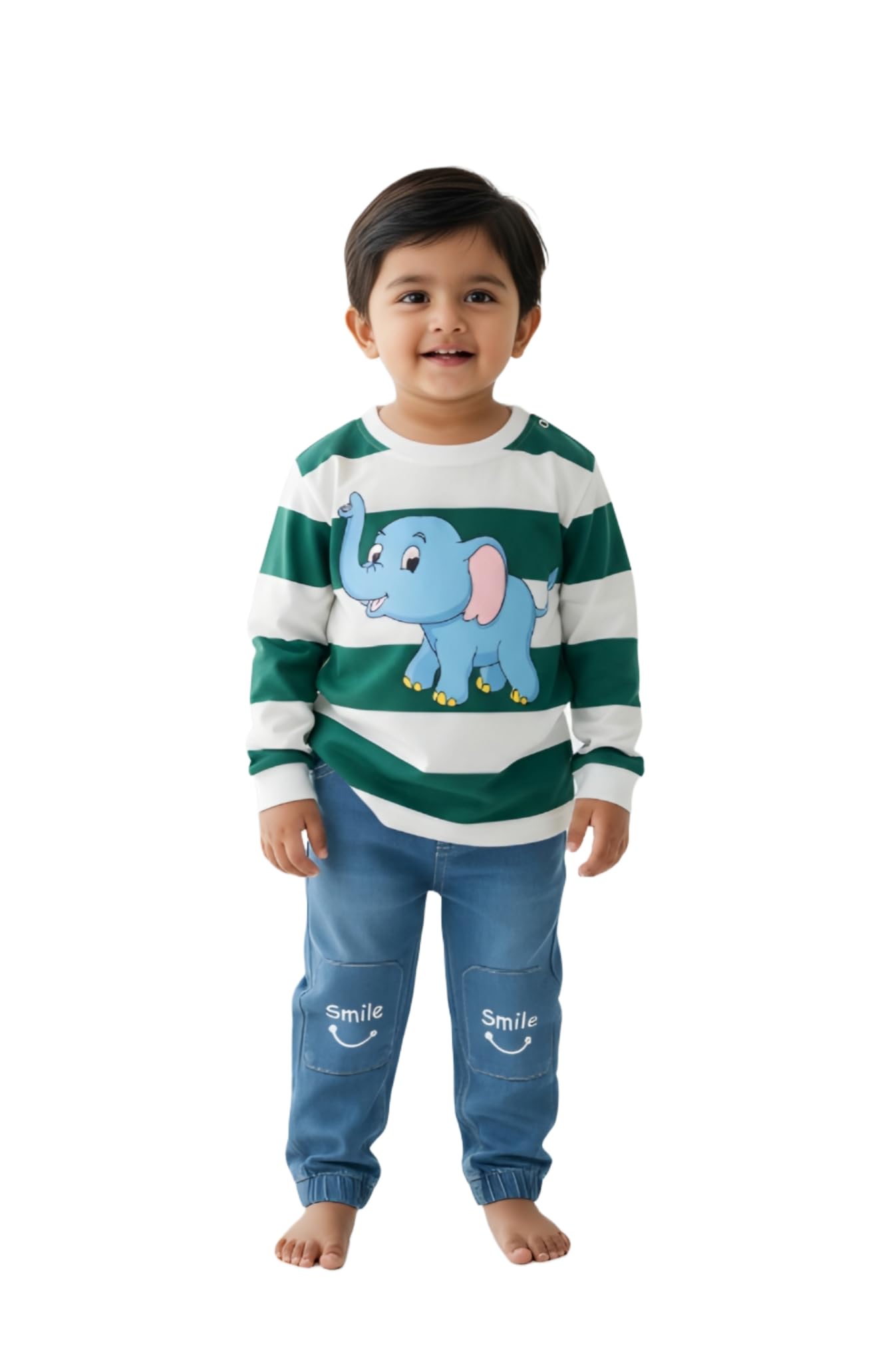 Boys Long Sleeves Elephant Print Cotton T-Shirt & Elastic Denim Pants Set-image-40
