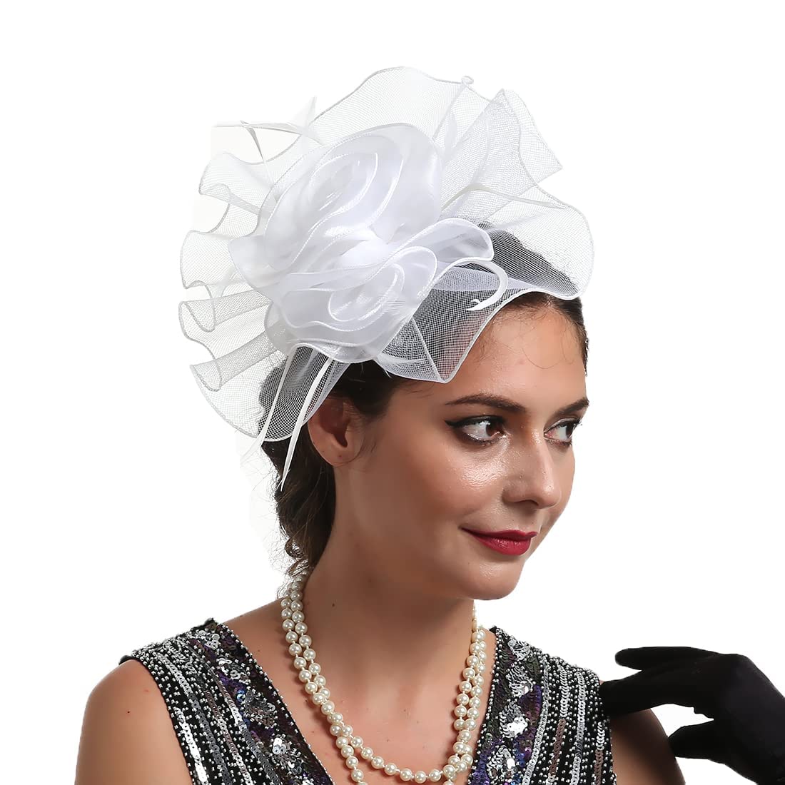 TOPOQ White Wedding Fascinators Tea Party Hat for Women Bridal Fascinator Hat Flapper Pillbox Derby Ascot Hat with Headband Hairclips Headdress Headpieces