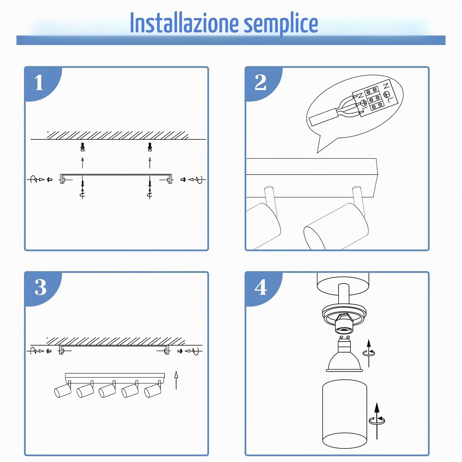 Faretti LED Soffitto 5 Luci Lampada da Soffitto Bianca Moderni | Orientabili Lampadario Faretti da Parete GU10 Illuminazione Interni per Soggiorno Cucina Salotto