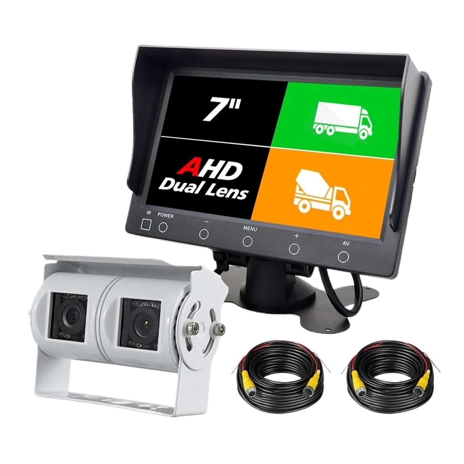 7-calowy Monitor Samochodowy Z Ekranem IPS AHD 720P, Biały, Podwójny Obiektyw, Zestaw Kamery Cofania Dwoma Obiektywami WyraźNy Obraz(Dual Camera Kit -10M)