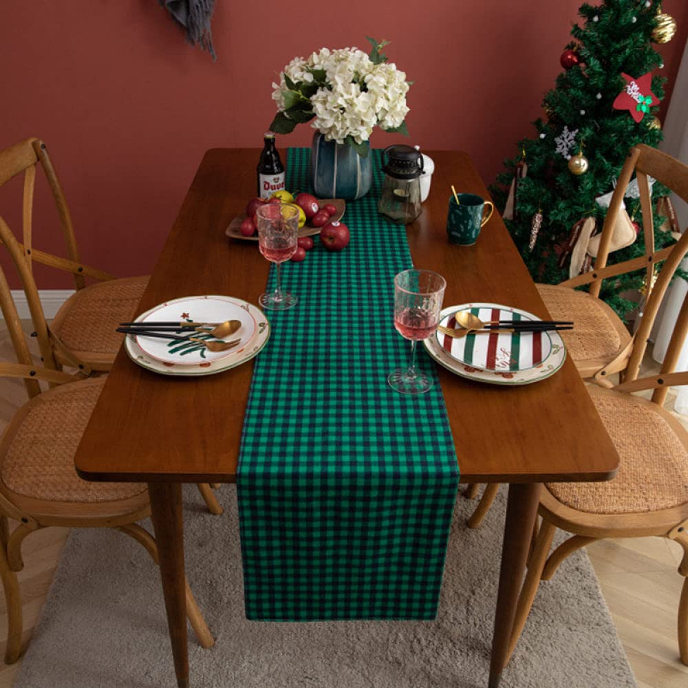 Camino Mesa,Camino De Mesa De Arpillera Caminos De Mesa Navideños Mesa Clásica A Cuadros Verde Negro para Sala De Estar Mesa De Comedor De Navidad Fiesta Decoración Navideña, 30X140Cm