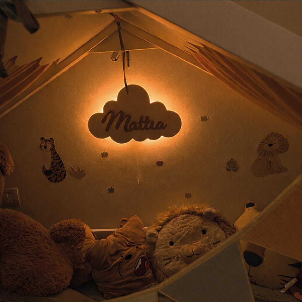 Generico Applique a nuvola bianca LED Bianchi Caldi a batteria a Pile Luce Notturna per Camerette dei Bambini Arredo Interni,lampada personalizzata con nome