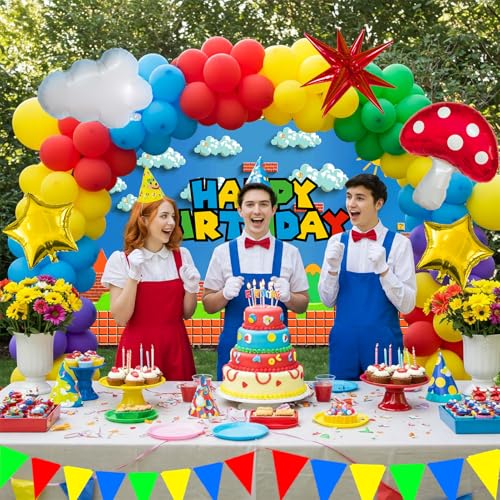 Image of Video Game Birthday Party Decorations Kit with Red Yellow Blue Balloon Arch