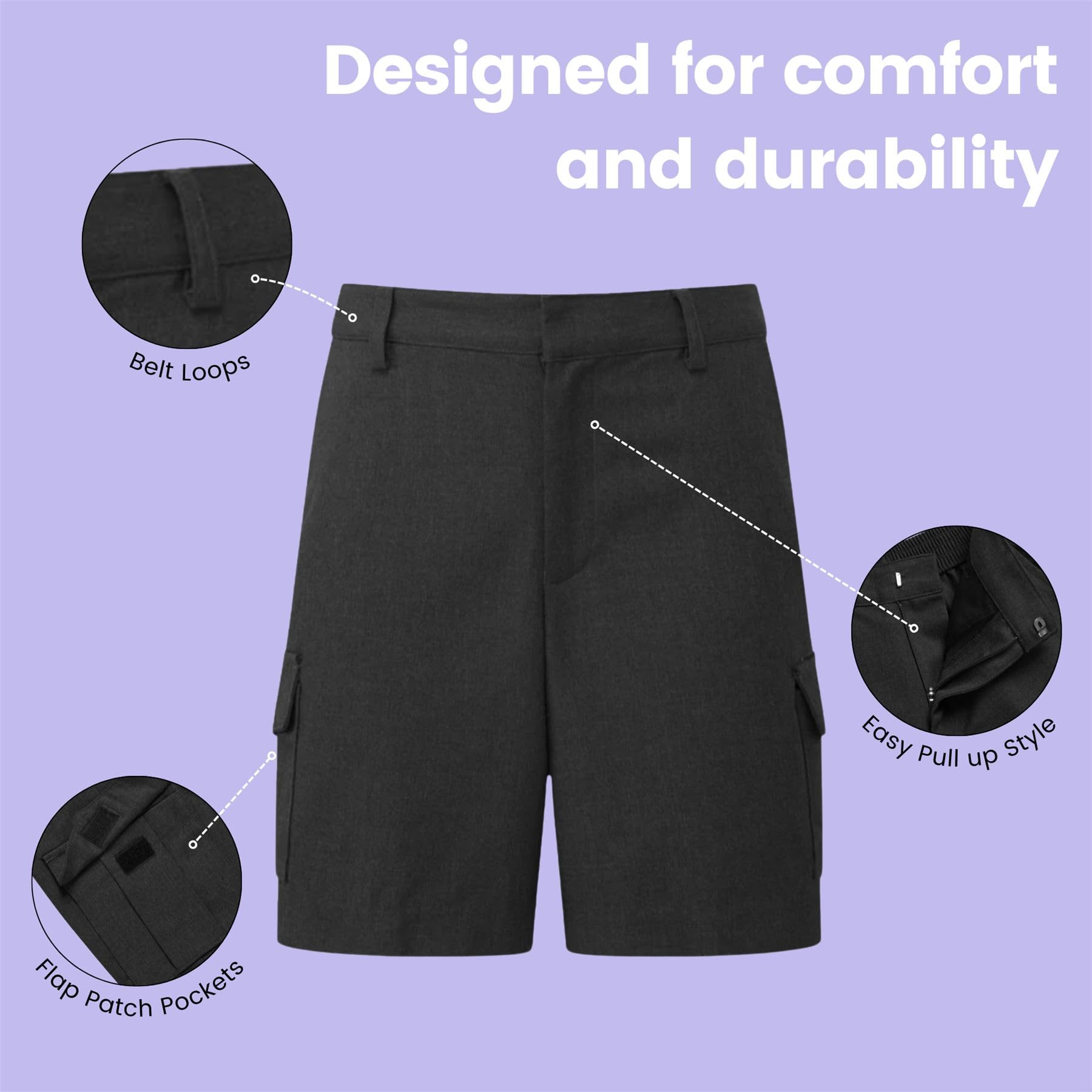 Pantalones cortos escolares cargo para niños, paquete de 2 pantalones cortos de uniforme de cintura ajustable, elegante y práctico, uniforme escolar de verano para edades de 2 a 13