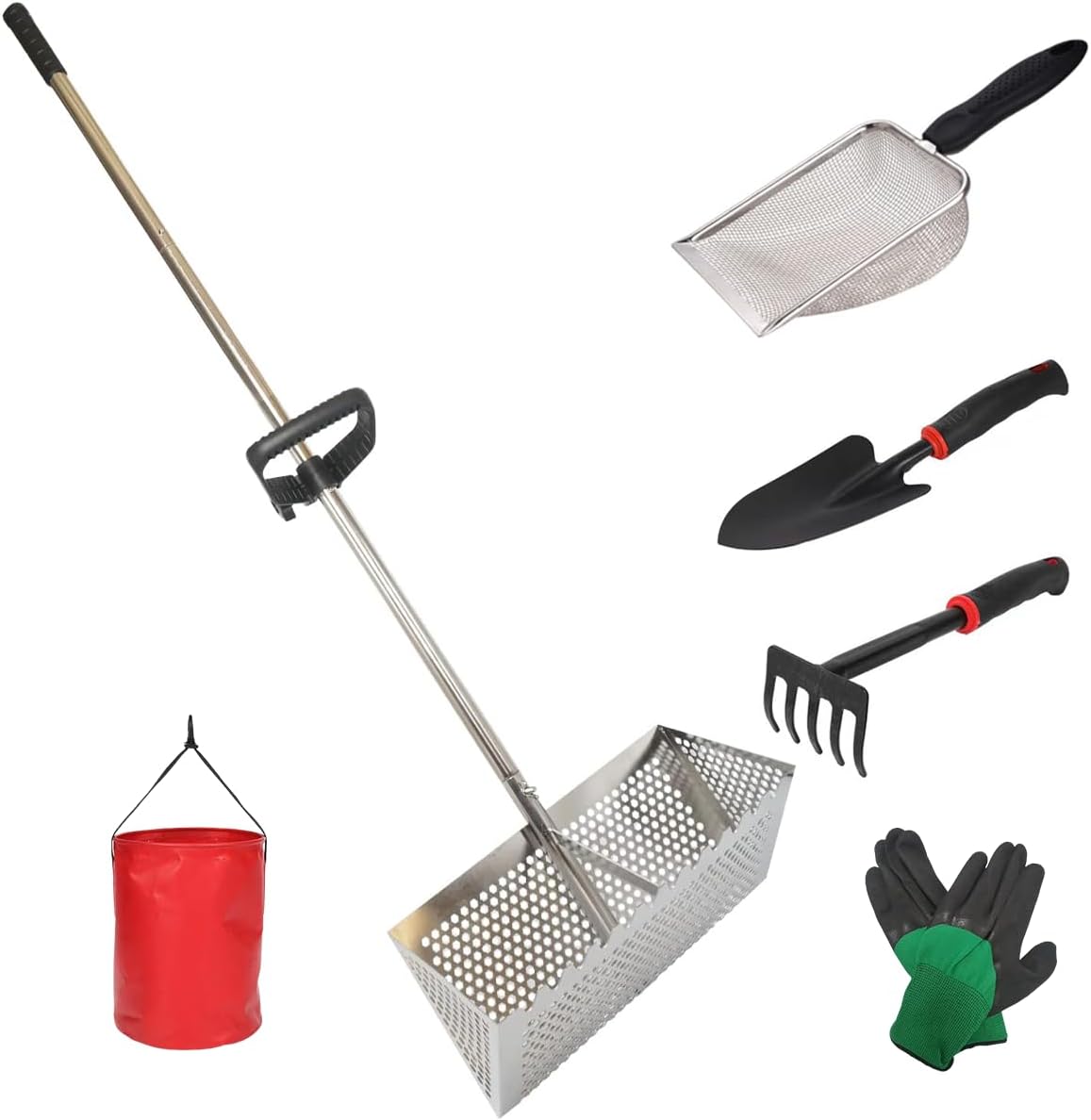 Sand Fleas Rake For Beach,Detachable 47 Inches Long Handle,Collapsible Shark Tooth Sifter Beach,Sand Crab Catcher With Foldable Pail,Beach Mesh Shovel,Beach Shovel,Claw Rake,Gloves