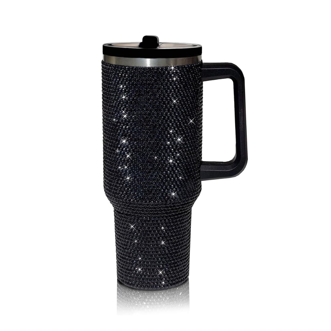 40 Oz Rhinestone Tumbler with Handle and Flip Straw | Insulated Stainless Steel Double Layer Bling Tumbler | Leak Proof Glitter Tumbler for Women | Reusable 1200ml Travel Bling Cups Black