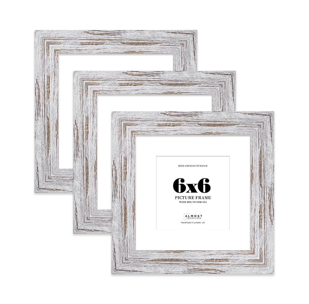 6x6" Distressed Wood Square Frame With Mount for 4x4" Pictures 28mm Edge Frame Display with Wall Hooks and Kickstand, 3 Pack