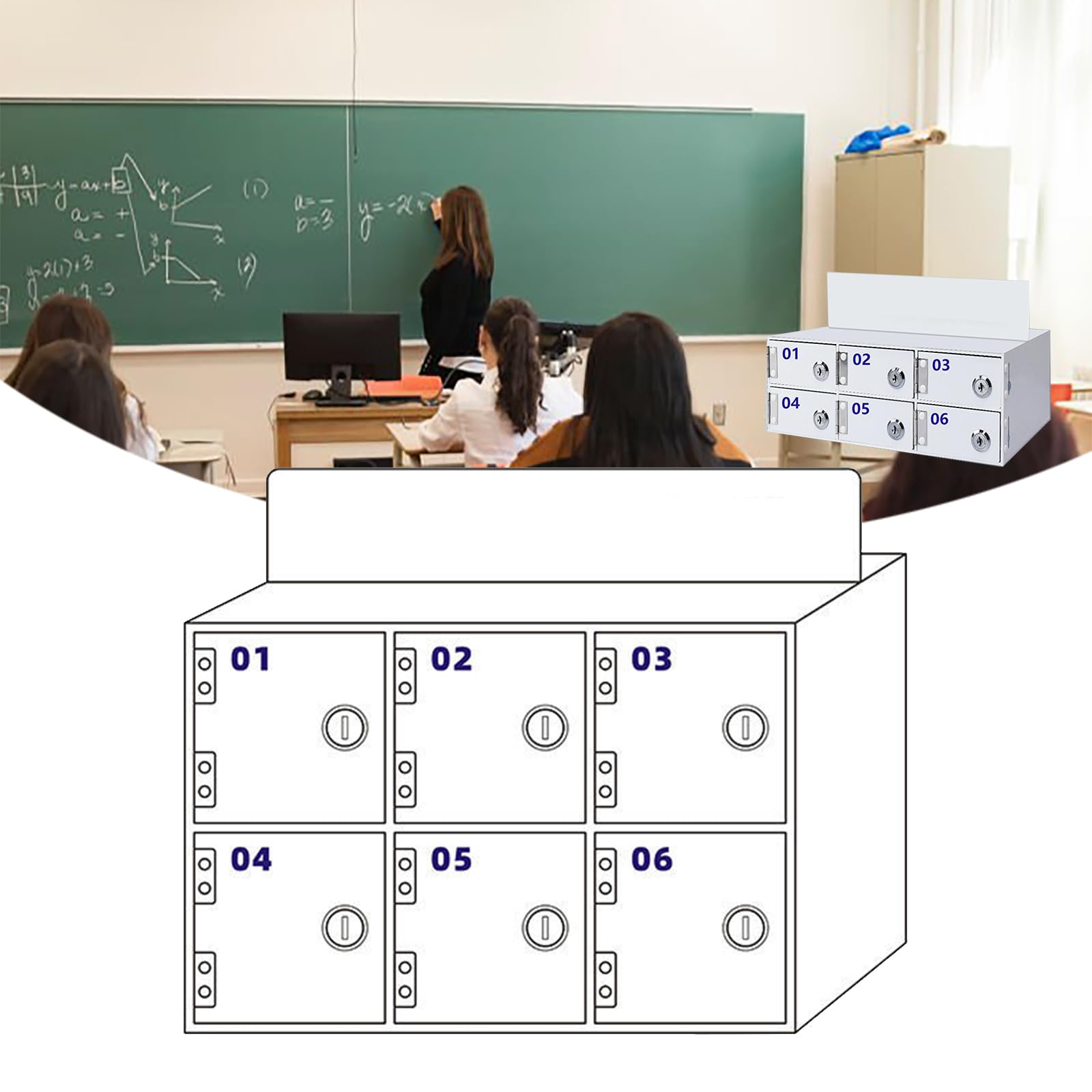 Pounjsd The Phone Box With 2 Key, White Cell Phone Locker Box, Lockable Storage, Freestanding Cell Phones Storage Box for Classroom Office Conference Gym, 6 Slots