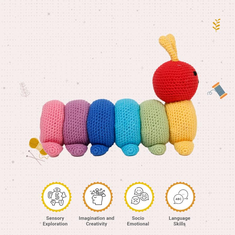 Image of LITTLE GINNIE Rainbow Caterpillar Crochet Toys for Babies - Handmade & Knitted Doll for Girls & Boys | Ideal for Birthday & Return Gift for 6+ Months