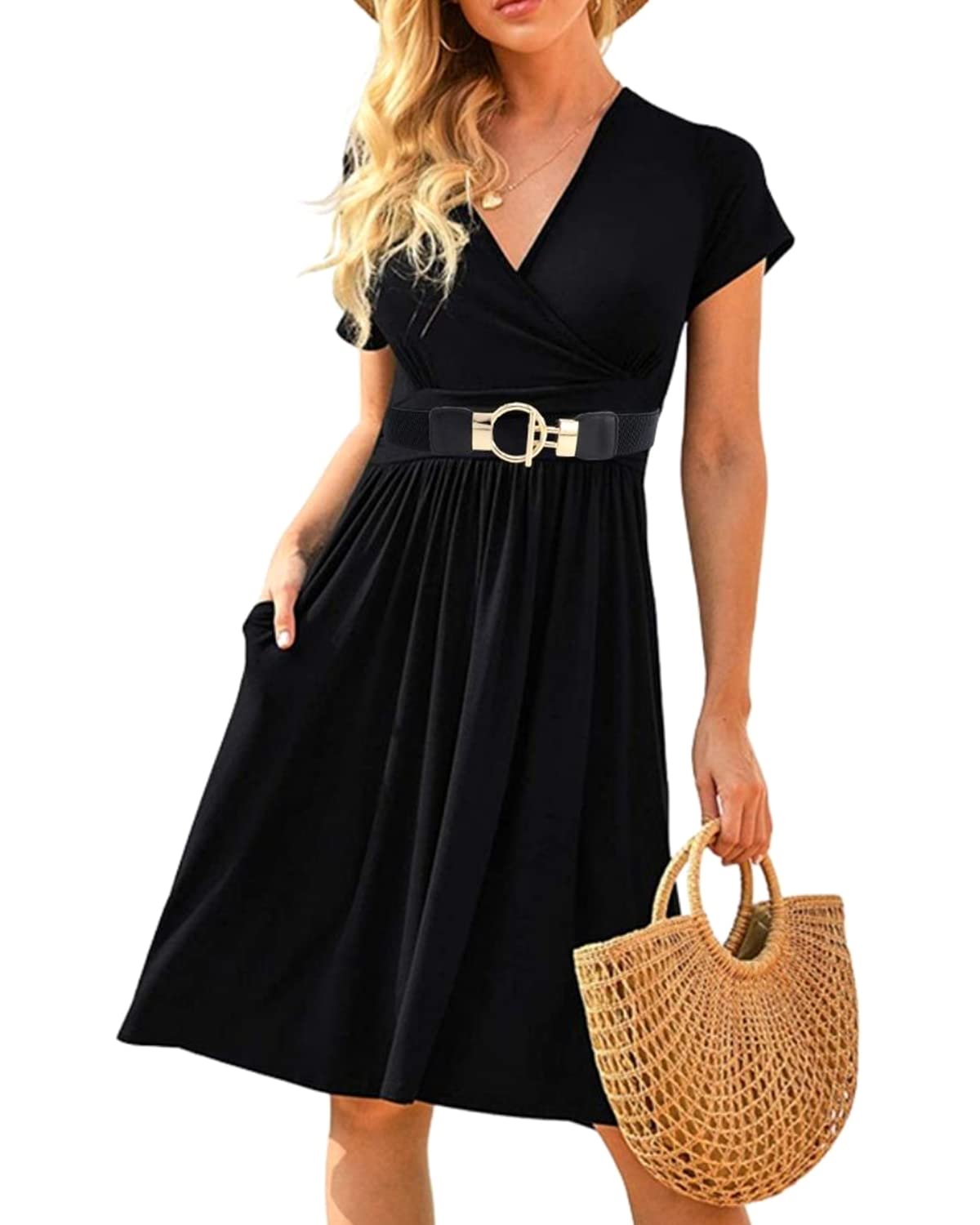 JFAN Vestido Mujer con Cuello V Midi Vestido Cintura Alta con Cinturón Vestidos de Fiesta Coctel Elegantes