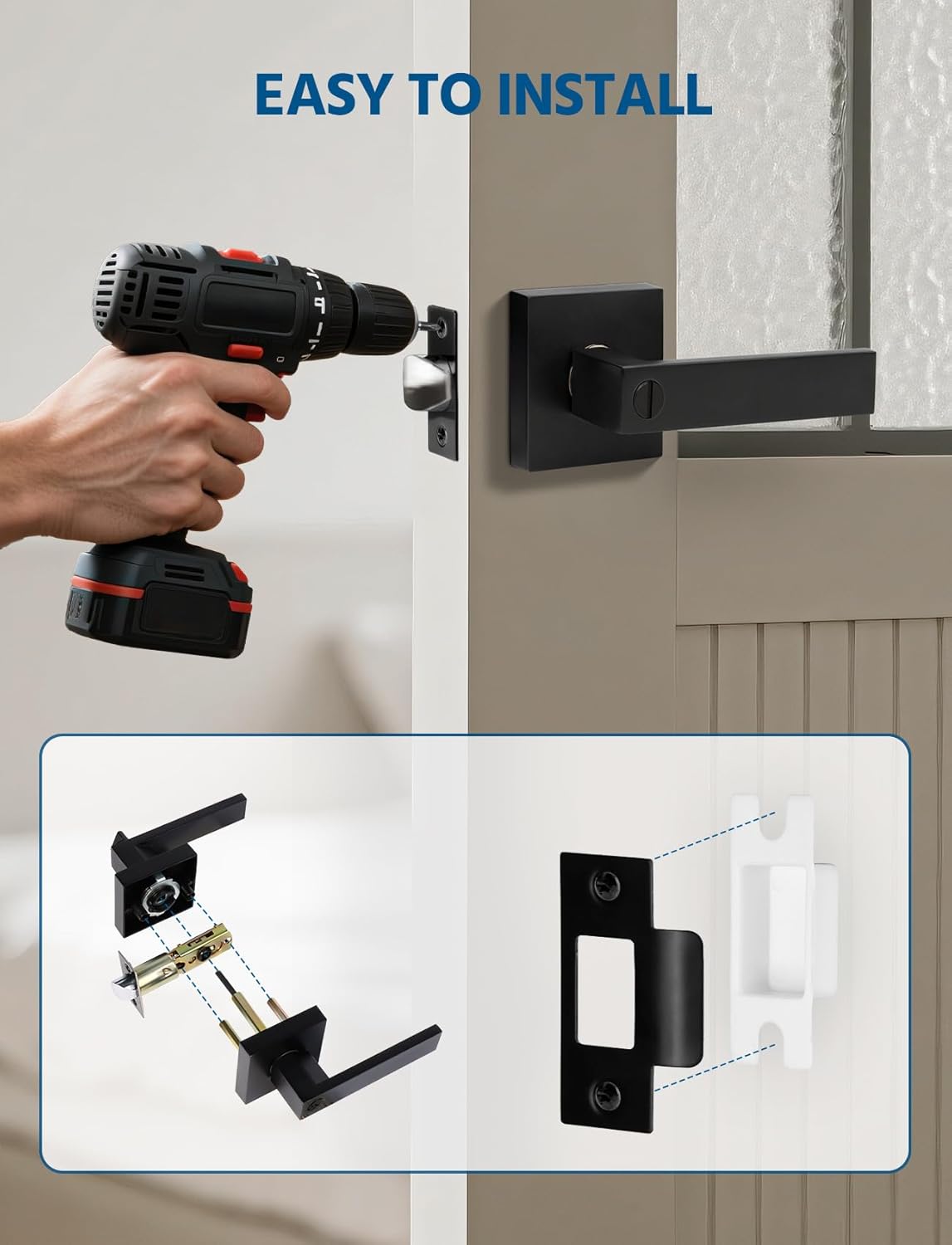 DPB 4Pcs Passage Door Lever with Turn Lock, Interior Matte Black Door Handles, Heavy Bedroom and Bath Door Knob for Right & Left Sided Doors (Lock but No Key, 4)