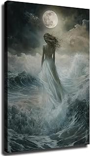 Moonlit Ocean Wall Art, Woman in Flowing White Dress, Stormy Waves and F...