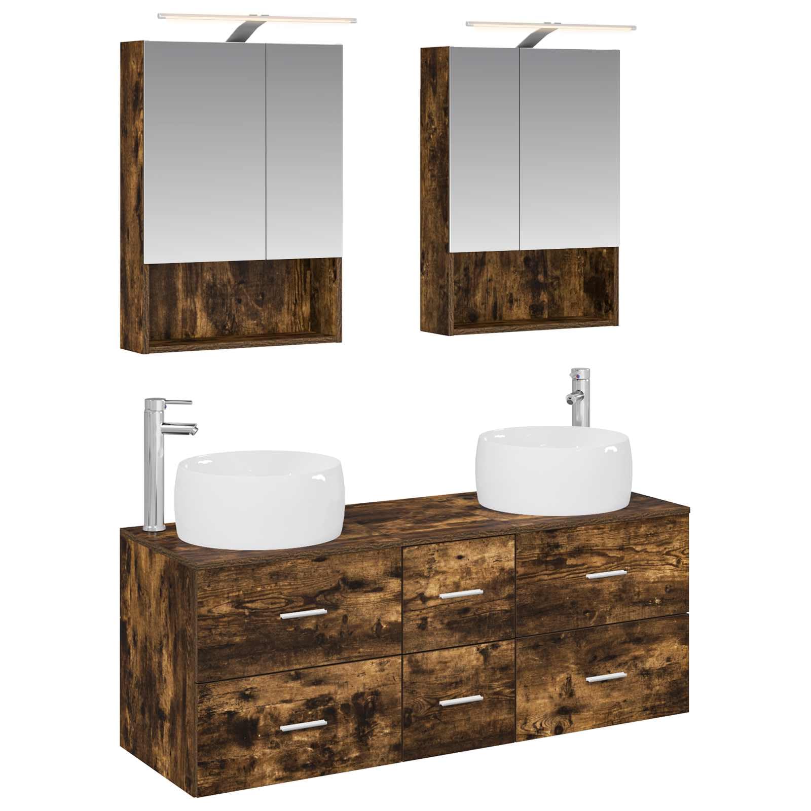 Ensemble mobilier Salle de Bain 5 pièces chêne fumé Bois ingénierie avec miroirs Double Face éclairage LED USB Rangement modulable Pratique