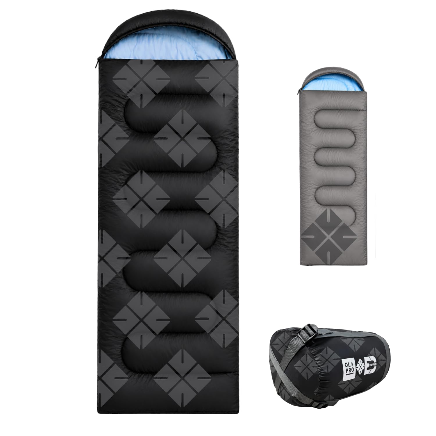 OLPRO The Stafford Sleeping Bag - Black for Camping, ISO Rated 3 Seasons, Adult, Small Packed Size, lightweight, Stuff Bag, Soft, Thick and Warm, for Camping, Travel, Hiking
