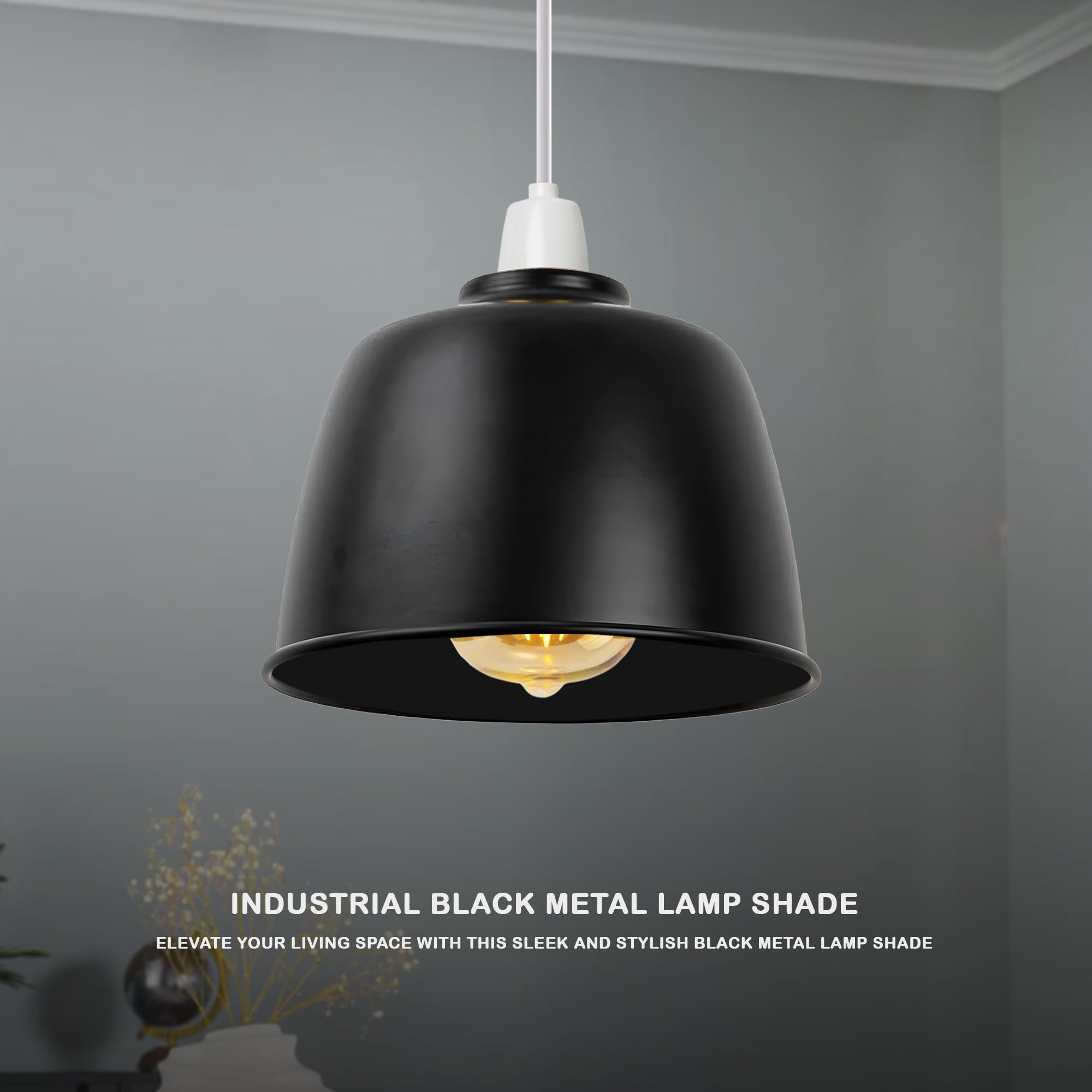 18cm Black Metal Dome Lampshade, Ceiling Fixture with Grey Herringbone Pendant Light - Image 4