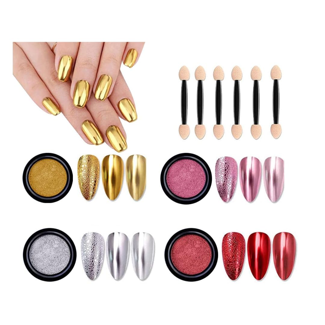 NAILWIND Colors Chrome Nail Powder Set, Gold, Silver,Red,Pink Reflective Glitter Metallic Mirror Effect for Nails Art De