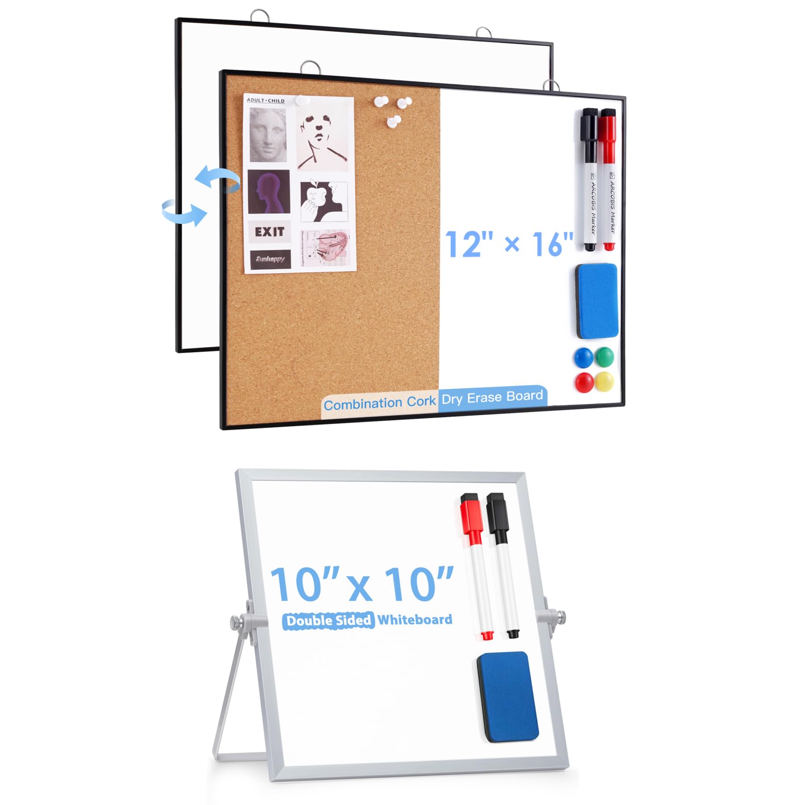 Cork Board White Board Combo, ARCOBIS 12"X16" Small Bulletin Board for Wall and Small WhiteBoard with Stand 10" X 10", ARCOBIS Magnetic Double-Sided Dry Erase White Board Easel for Desk