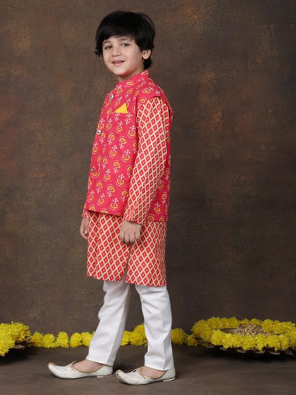 Image of superminis Boys Cotton Printed Full Sleeves Kurta With Ajrakh Printed Jacket and Pyjama Set
