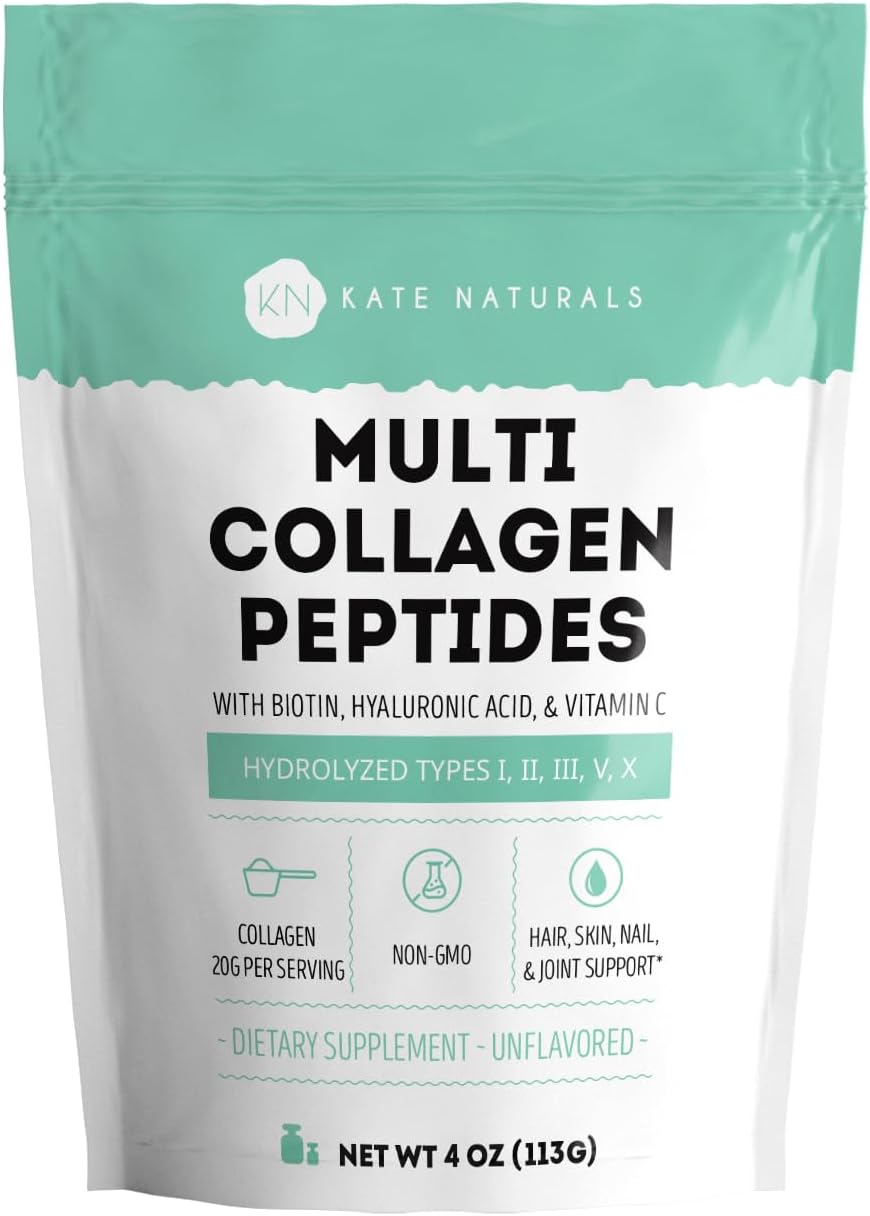 Kate Naturals Multi Collagen Peptides with Biotin, Hyaluronic Acid, & Vitamin C (4oz, Hydrolyzed, Unflavored) Types I, II, III, V, X Collagen for Hair, Skin, Nails, & Joints