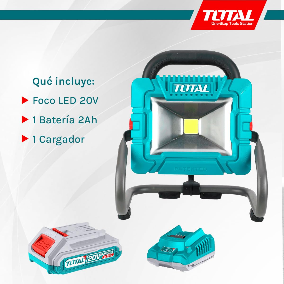 Total - Foco LED a Batería 20V - Iluminación Potente y Regulable para Exteriores, Jardines, Obras y Campamentos - Incluye Batería de 2Ah y Cargador - 900-1800 Lúmenes - Medidas: 63 x 23 x 3 cm