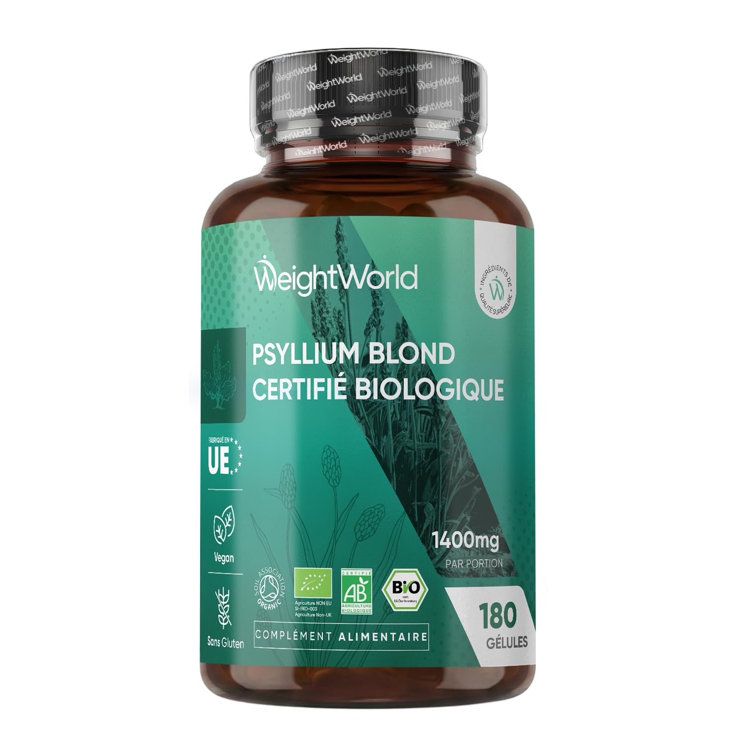 Psyllium Blond Bio 180 Gélules Vegan Multi-Usages (3 Mois) - Plantago Ovata