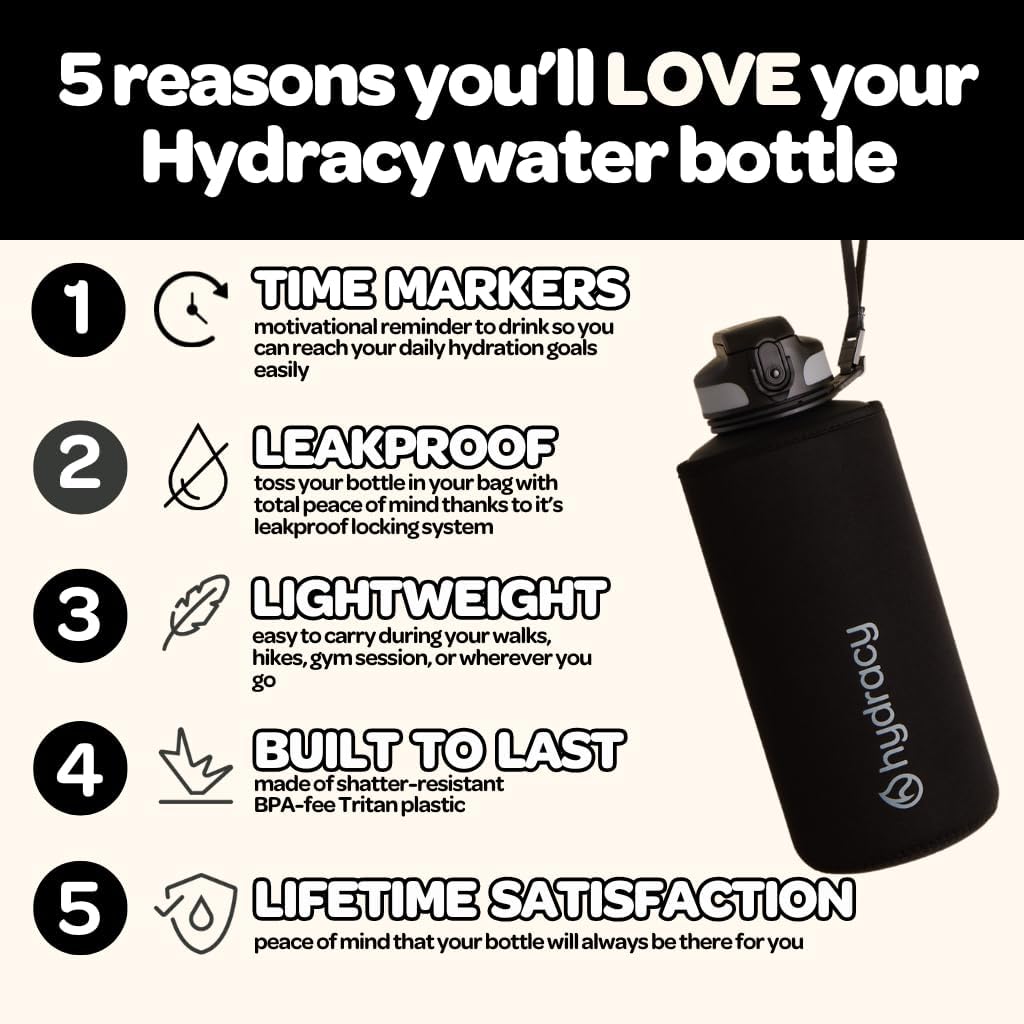 Hydracy Water Bottle with Time Marker -Large BPA Free Water Bottle & No Sweat Sleeve -Leak Proof Gym Bottle with Fruit Infuser Strainer & Times to Drink -Ideal for Fitness Sports & Outdoors
