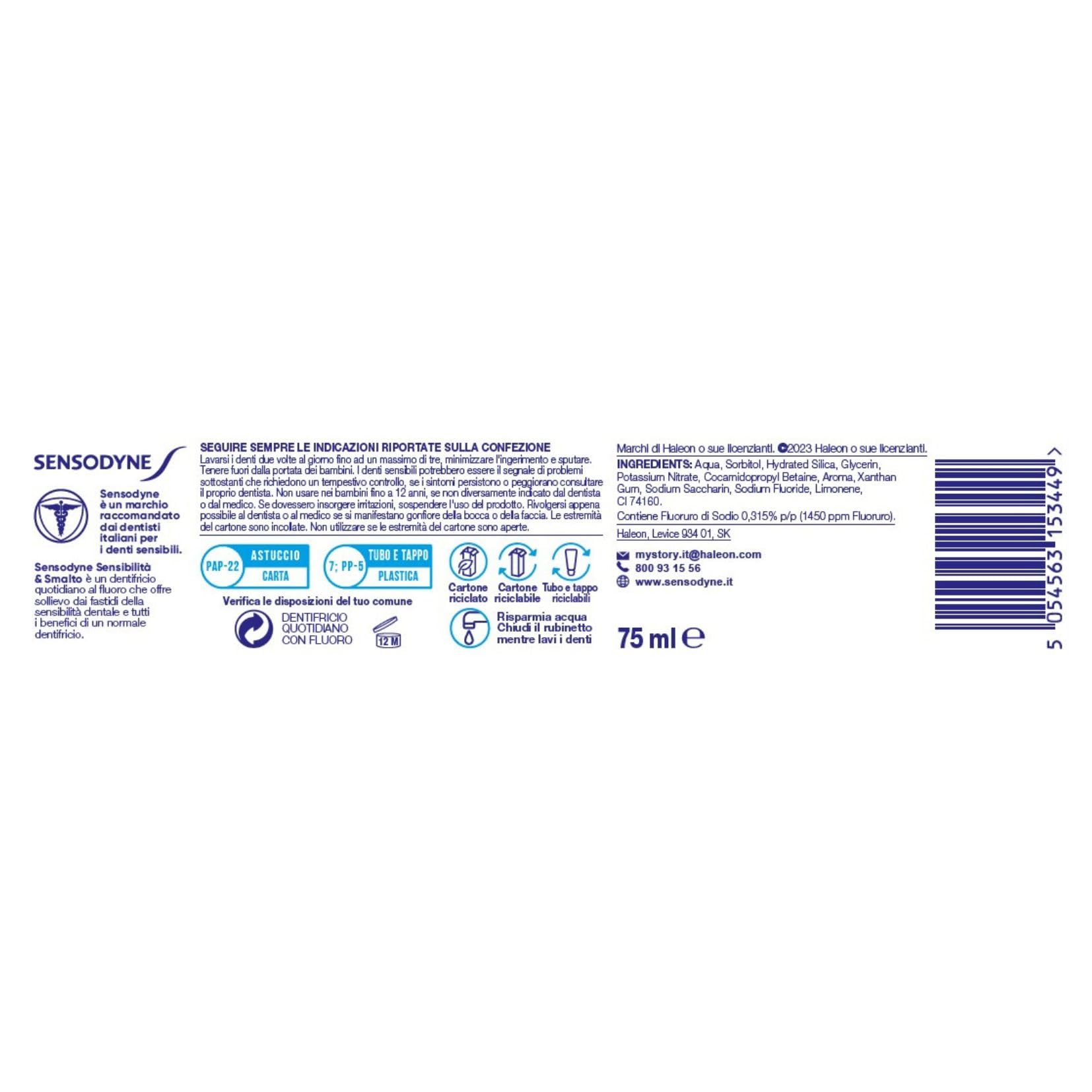 Sensodyne Dentifricio Sensibilità & Smalto Whitening, per Denti Sensibili e Smalto forte, Effetto Sbiancante*,Gusto menta fresca, Maxi formato 4x75ml